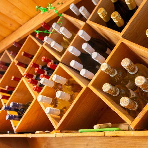 A wooden wine rack filled with various bottles of red and white wine.