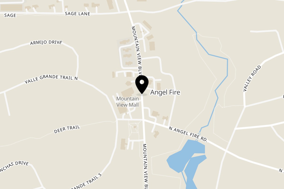 Map showing the location of Angel Fired Pizza on 3375 Mountain View Boulevard in Angel Fire